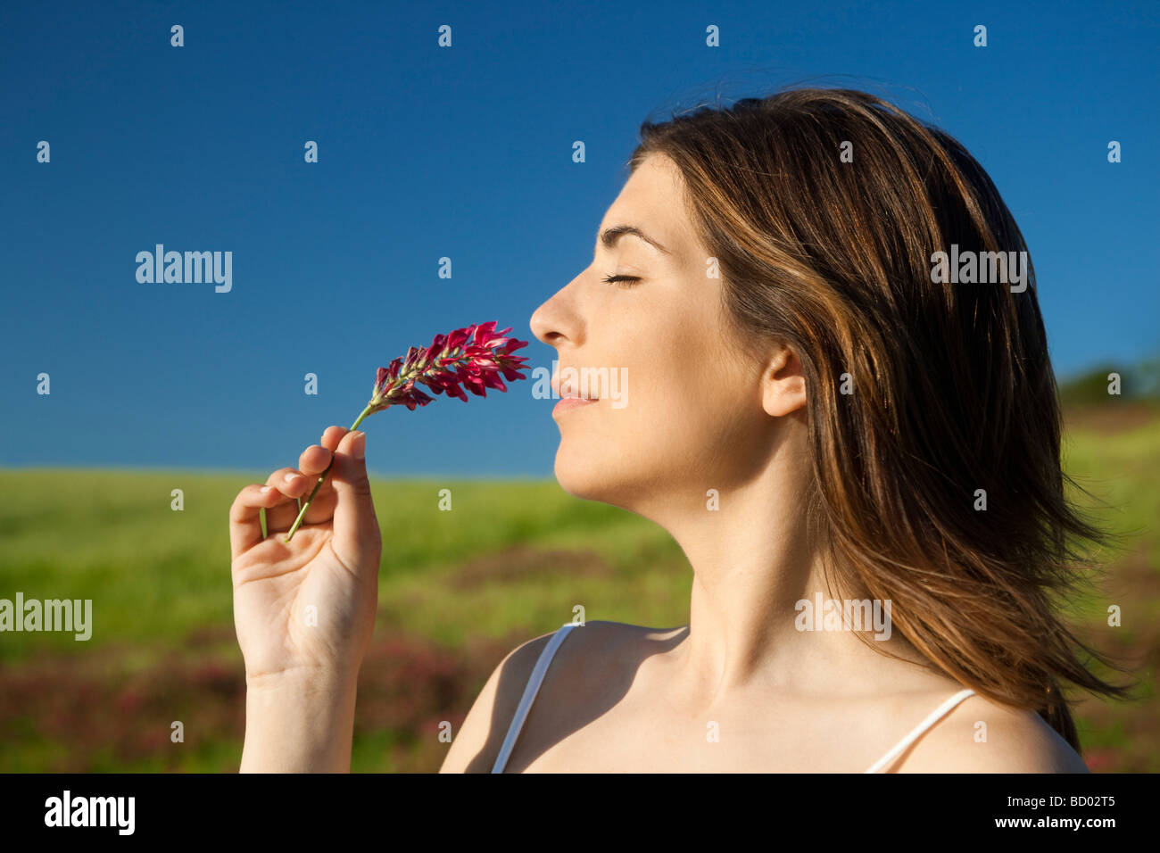 Beautiful young woman feeling the smell of the nature Stock Photo