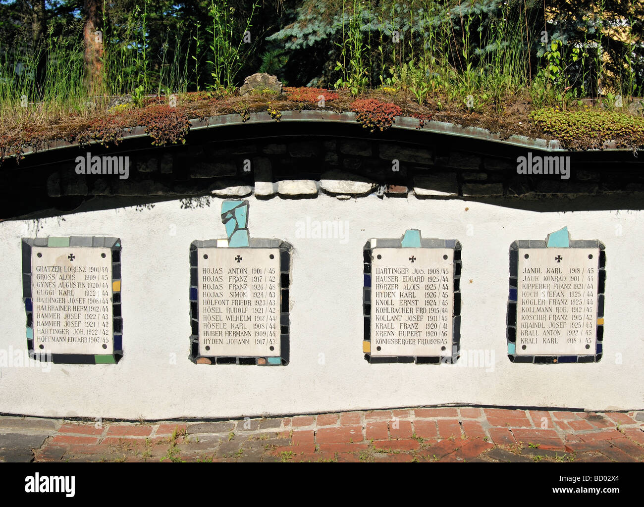 Memorial Tablets of Dead Wehrmacht Soldiers at St Saint Barbara Kirche Church by Hundertwasser in Bärnbach Styria Austria Stock Photo