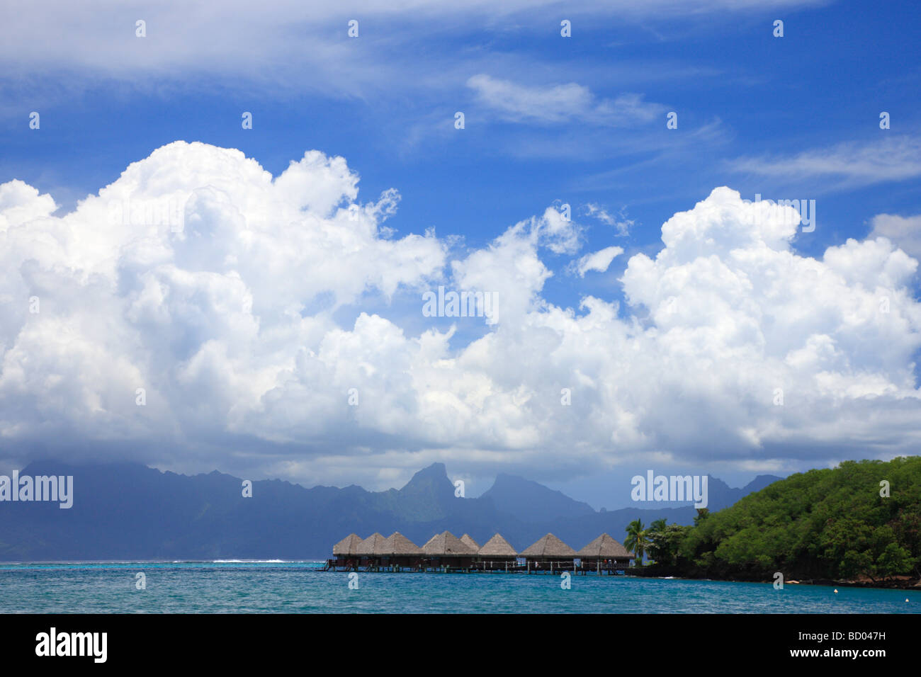 Bungalows resort and Moorea Island, Tahiti French Polynesia Stock Photo