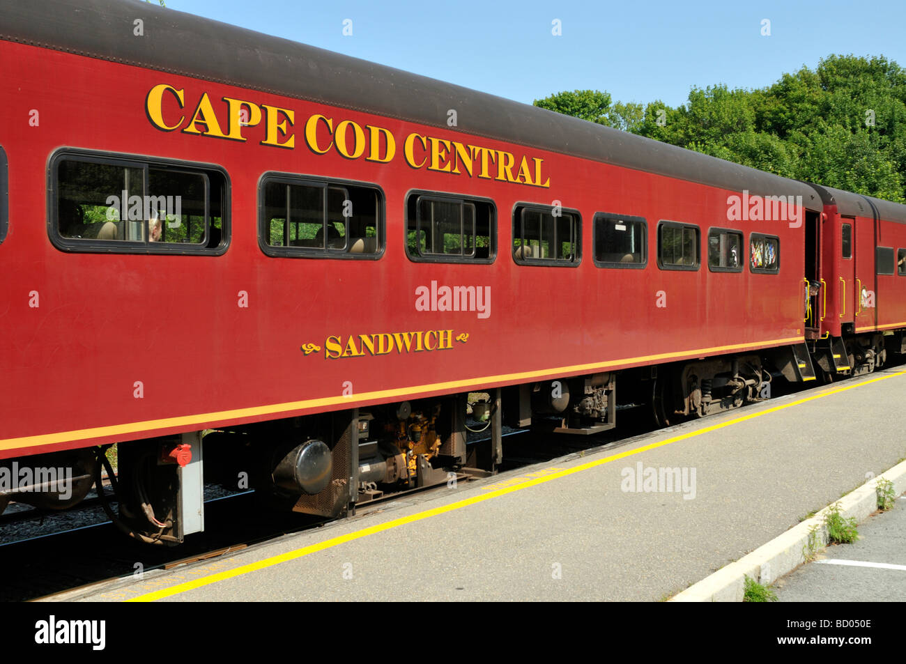 Cape Cod Central Railroad sightseeing train in Sandwich Cape Cod Stock Photo