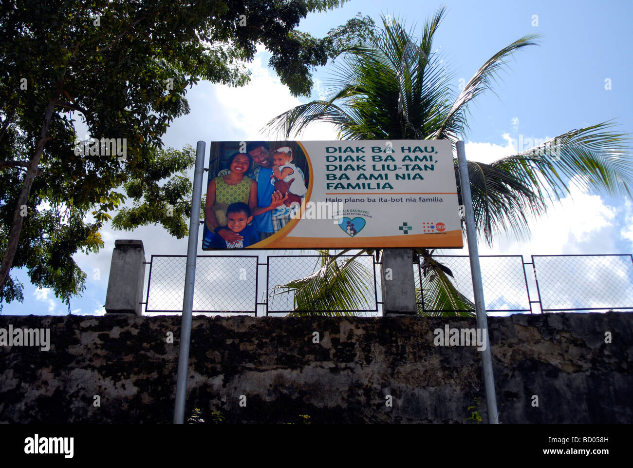 A poster promoting smaller families in Viqueque Timor Leste. The country has one of the highest birthrates in the world. Stock Photo