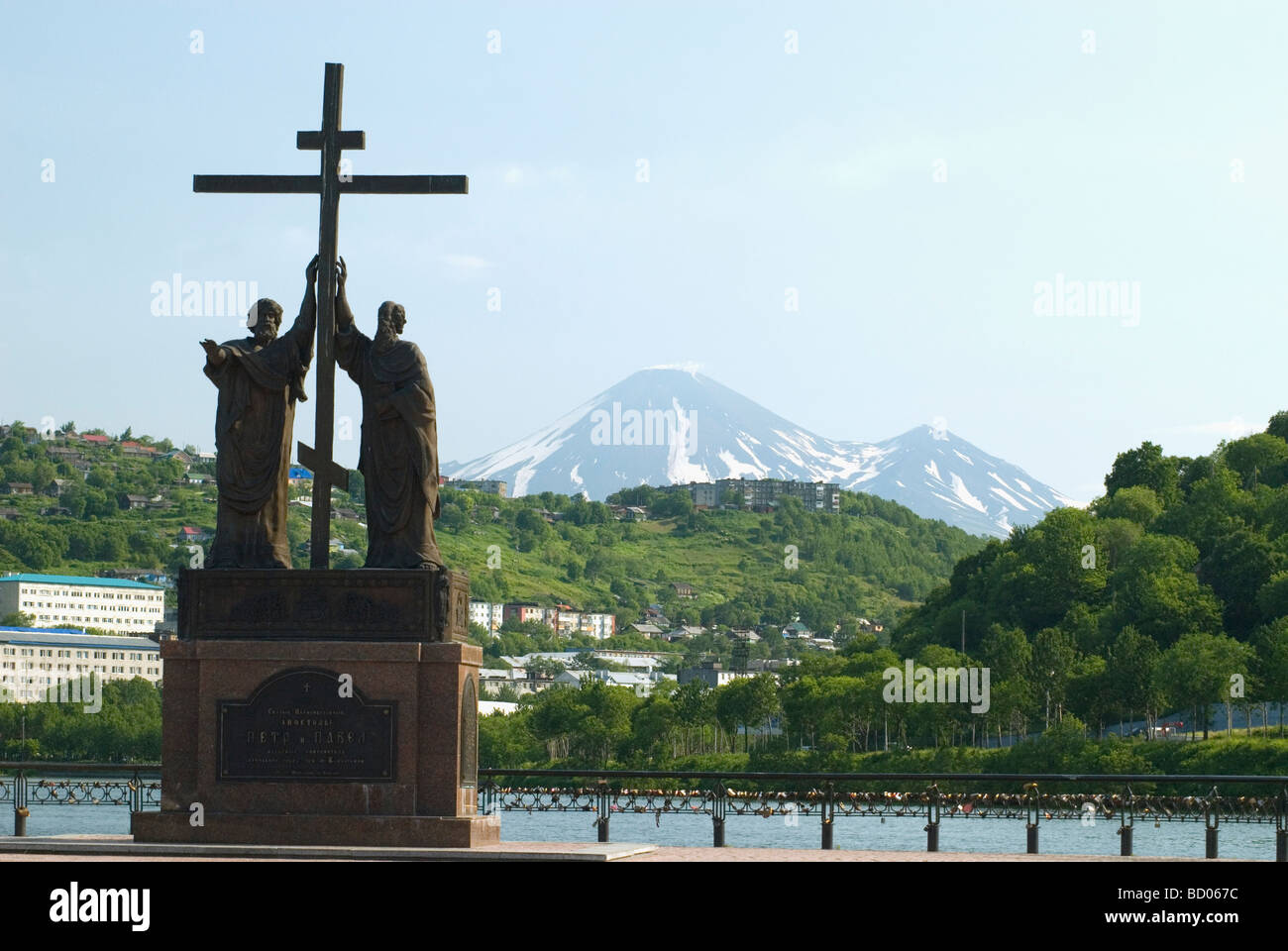 Volcanoes loom beyond Petropavlovsk-Kamchatsky , Russia Stock Photo