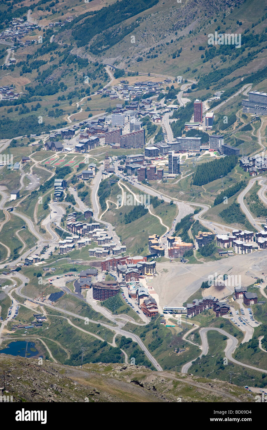 Ski resort of Les Menuires in summer from summit of Cime de Caron Les Trois Vallees Stock Photo
