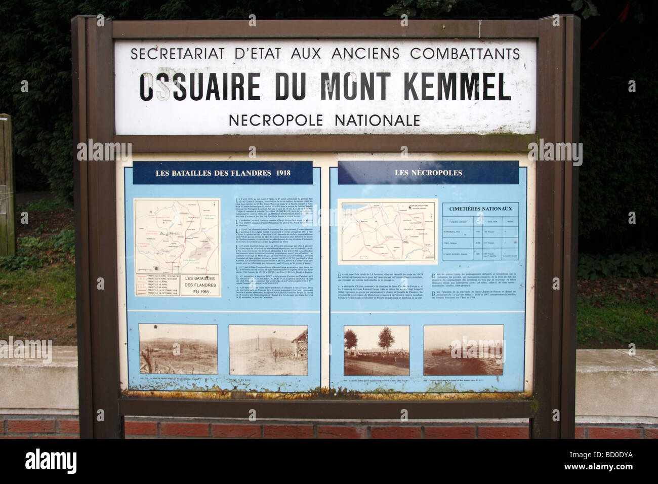 Information board at the entrance to the French National Cemetery & Ossuary, Mount (Mont) Kemmel near Ieper Belgium. Stock Photo