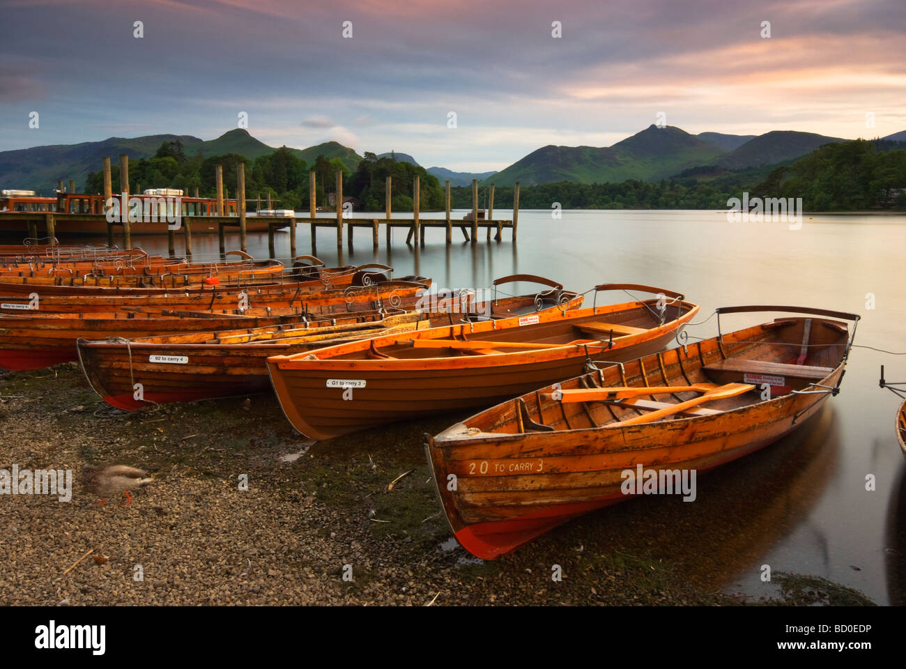 Rowing Boats on the shore of Derwent Water, Keswick, Lake District Stock Photo