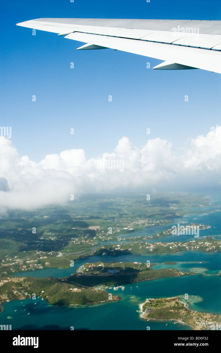 Flight over the caribbean island of Grenada. Stock Photo