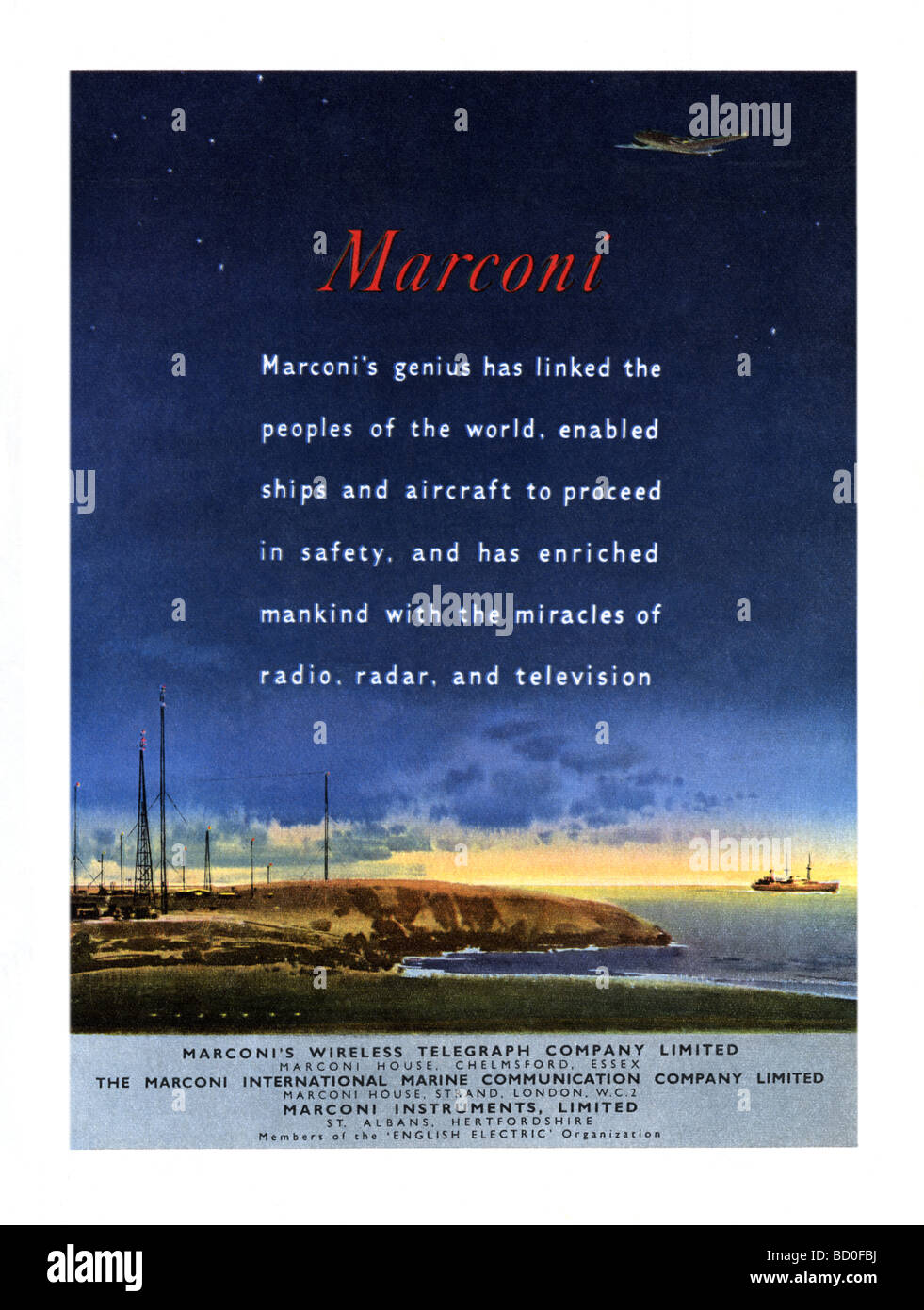 1951 advertisement for Marconi telecommunication instruments featuring wireless communication masts, an aircraft and a ship Stock Photo
