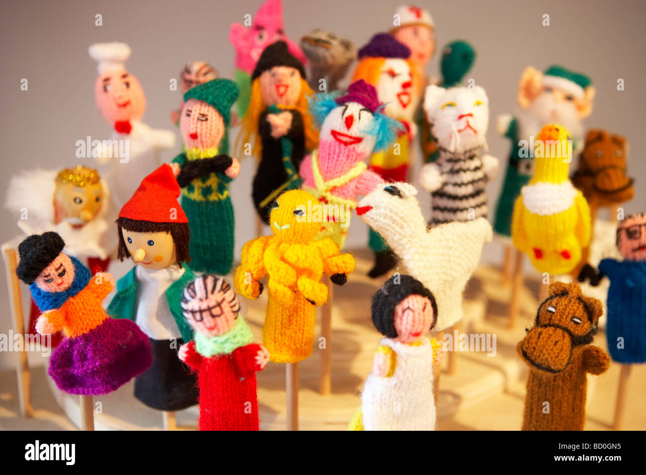 Woolen finger puppets, on display in a shop Stock Photo