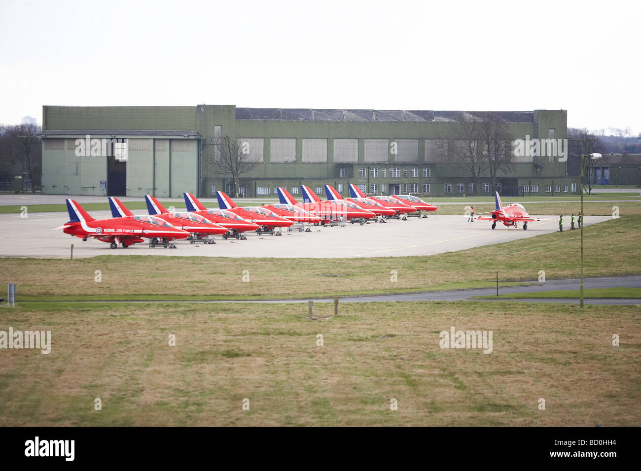 Red arrows  display team, parked in formation and waiting take off Stock Photo