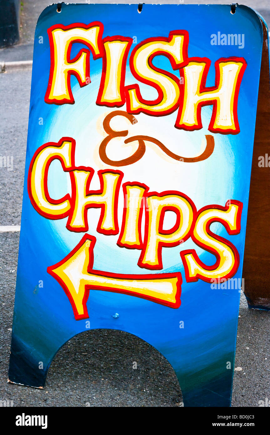 Fish and Chips sign in Appledore, Devon, UK Stock Photo
