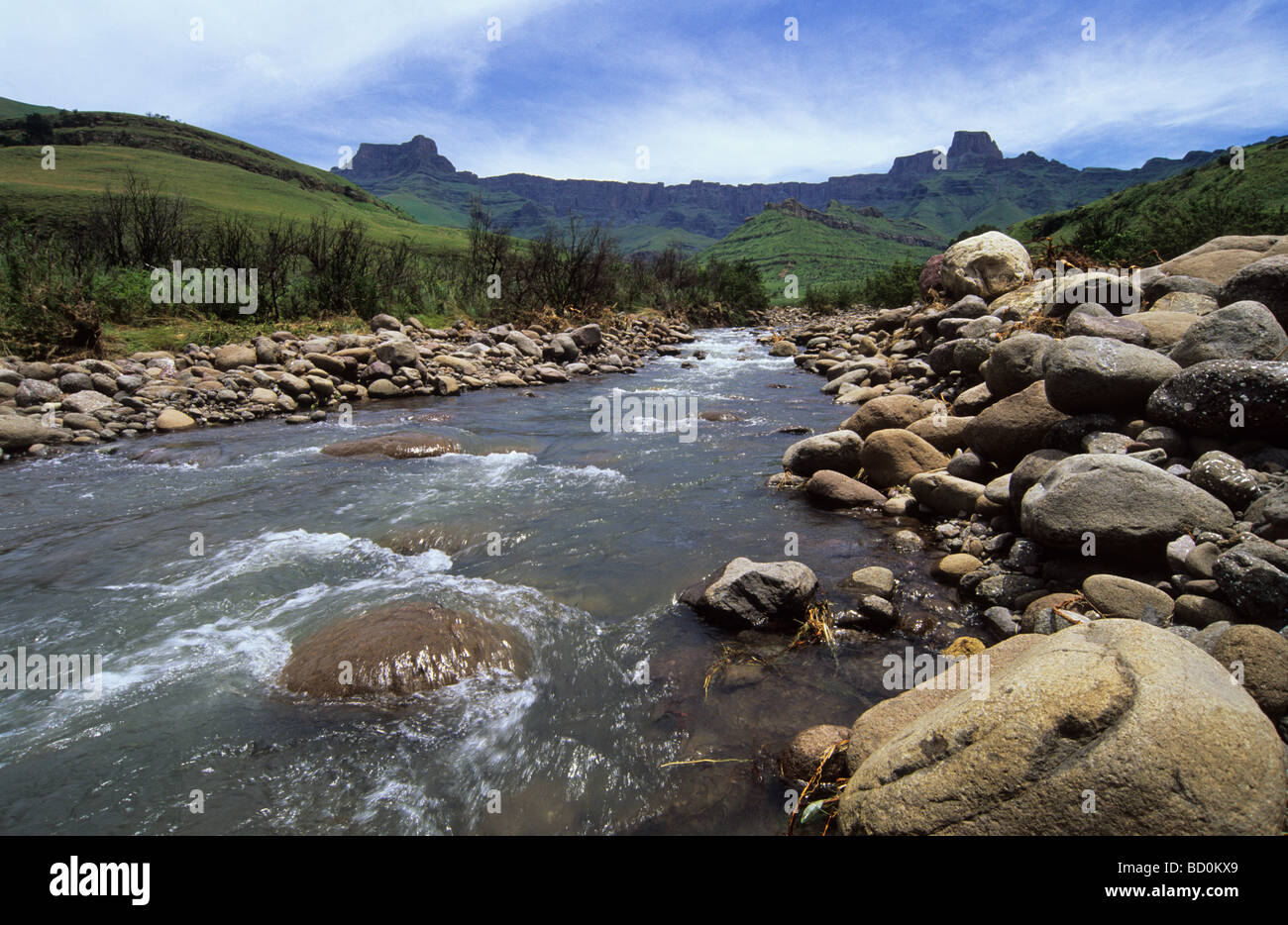 Landscape, mountain, Royal Natal National Park, KwaZulu-Natal, South Africa, Amphitheater, Drakensberg mountains, Thukela river, UNESCO, world places Stock Photo