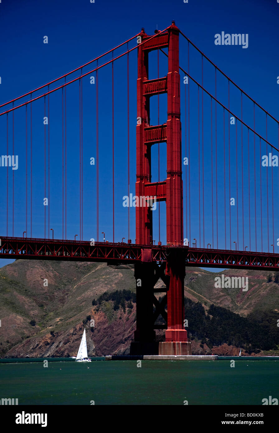 Sailing yacht sailing below Golden Gate Bridge, San Francisco, Californai, USA Stock Photo