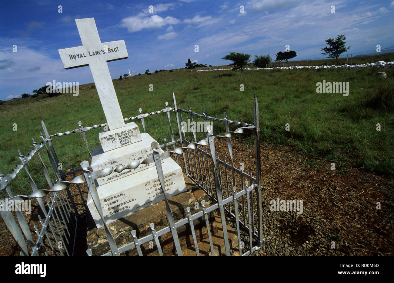 White cross memorial of Royal Lancaster Regiment at Spioenkop Anglo-Boer war Battlefield KwaZulu-Natal South Africa Historical Stock Photo