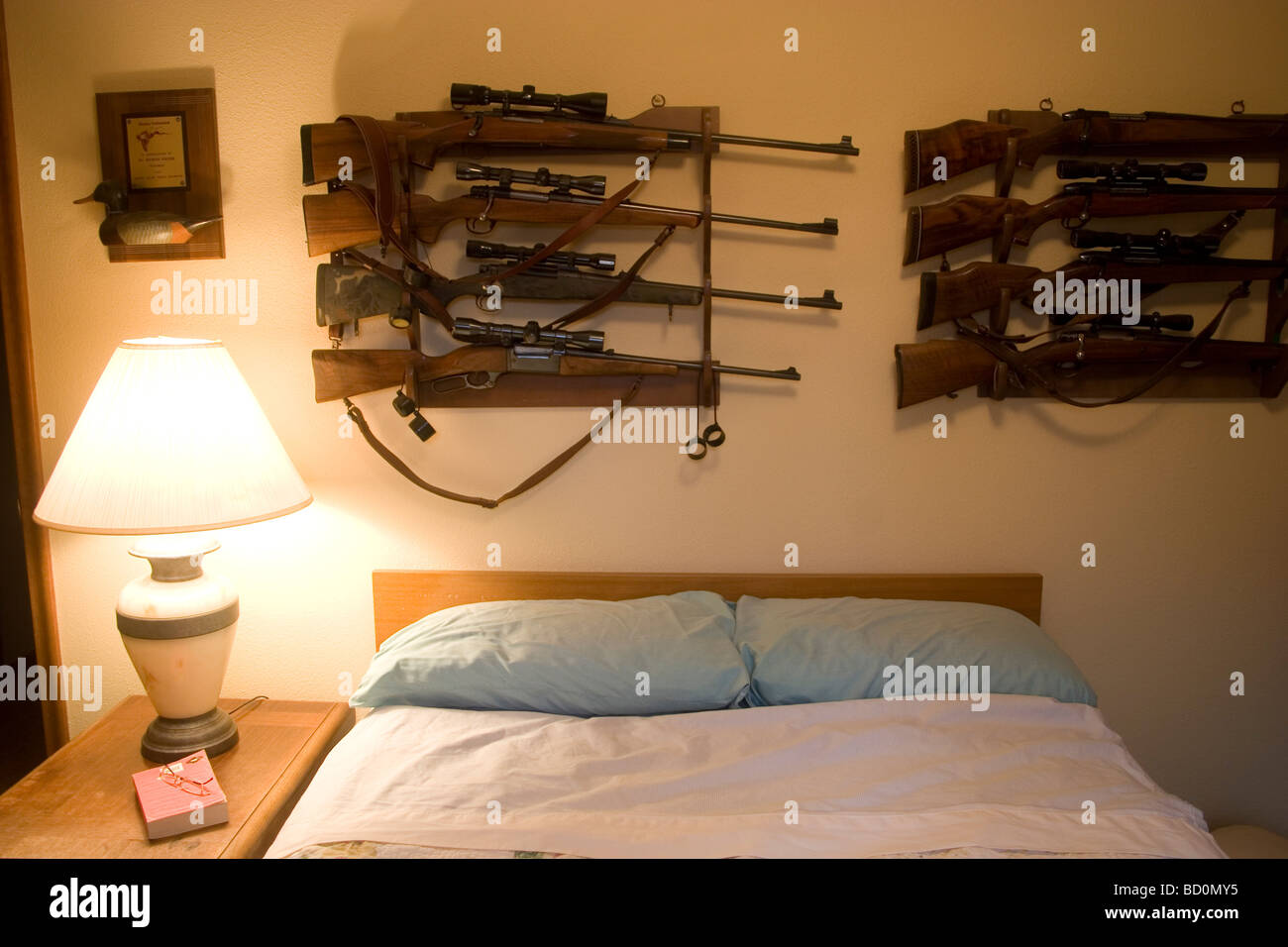 Hunter Byron Grubb's home in Burlington nr Minot North Dakota is full of guns for hunting. Stock Photo