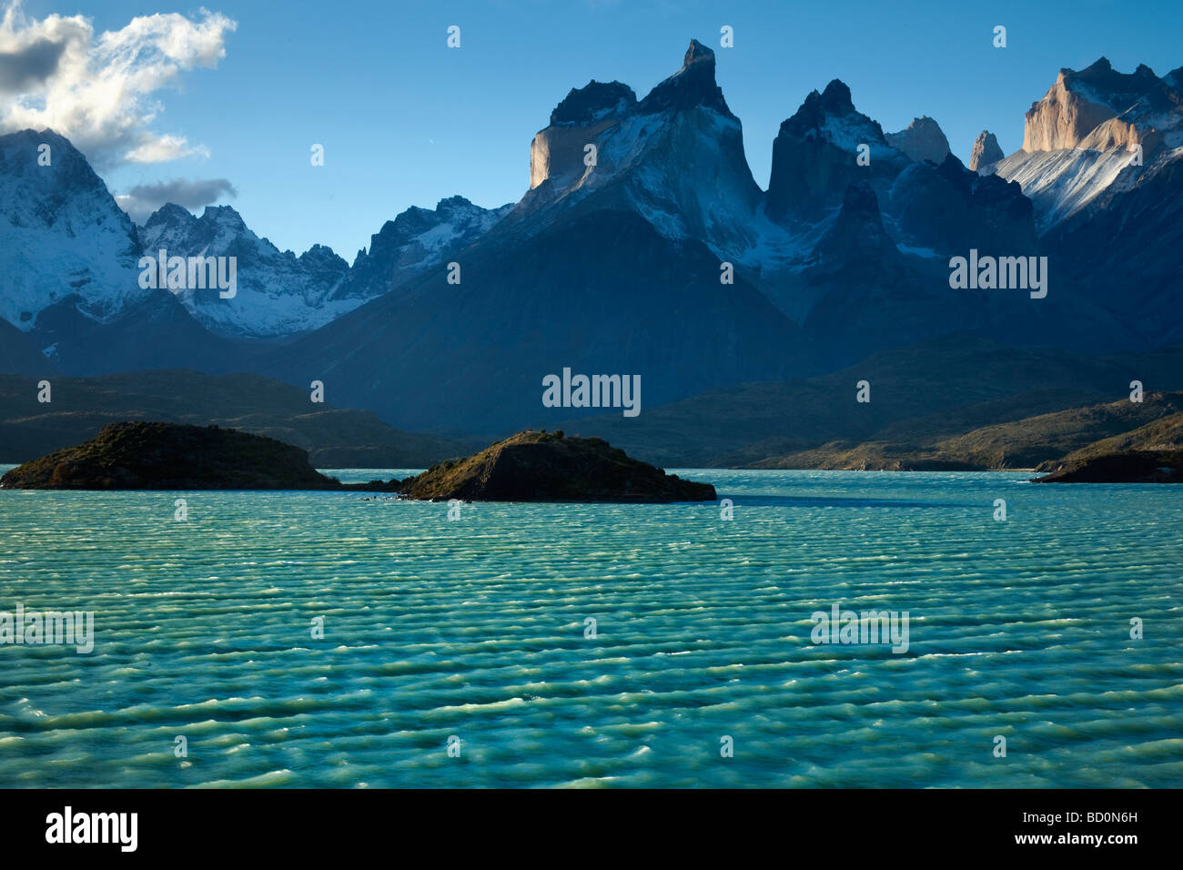 Lago Pehoe with the Los Cuernos Peaks of the Andes in Torres del Paine National Park, Patagonia, Chile Stock Photo