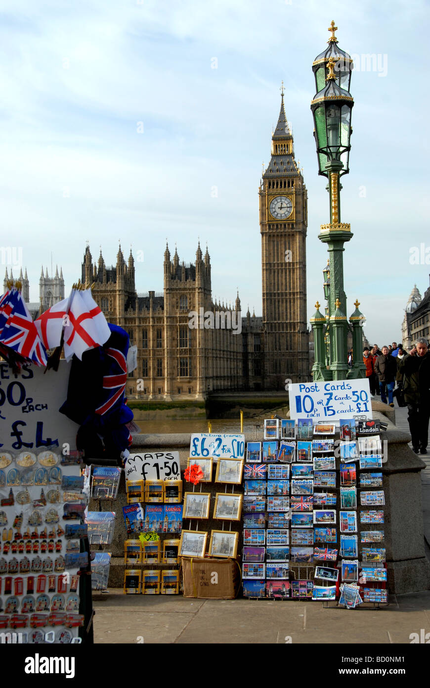 Open air tourist stand with postcards in front of Big Ben London UK