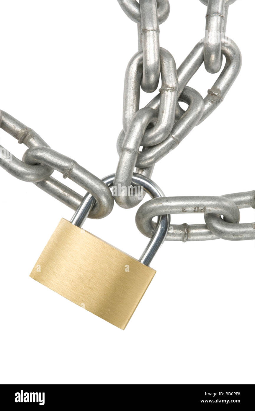Metal chain held together by brass padlock Stock Photo Alamy