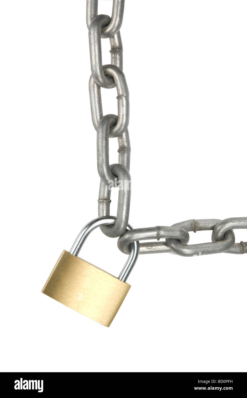 Metal chain held together by brass padlock Stock Photo