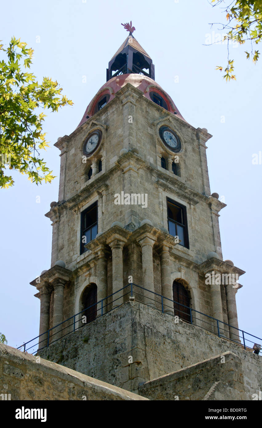 Roloi clock tower in Rhodes Old Town Rhodes Dodecanese Greece Stock