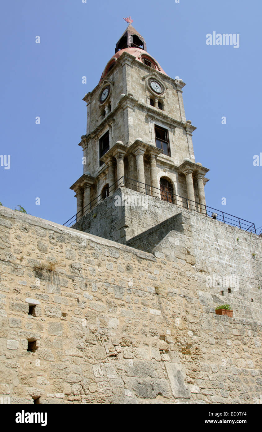 Roloi clock tower in Rhodes Old Town Rhodes Dodecanese Greece Stock