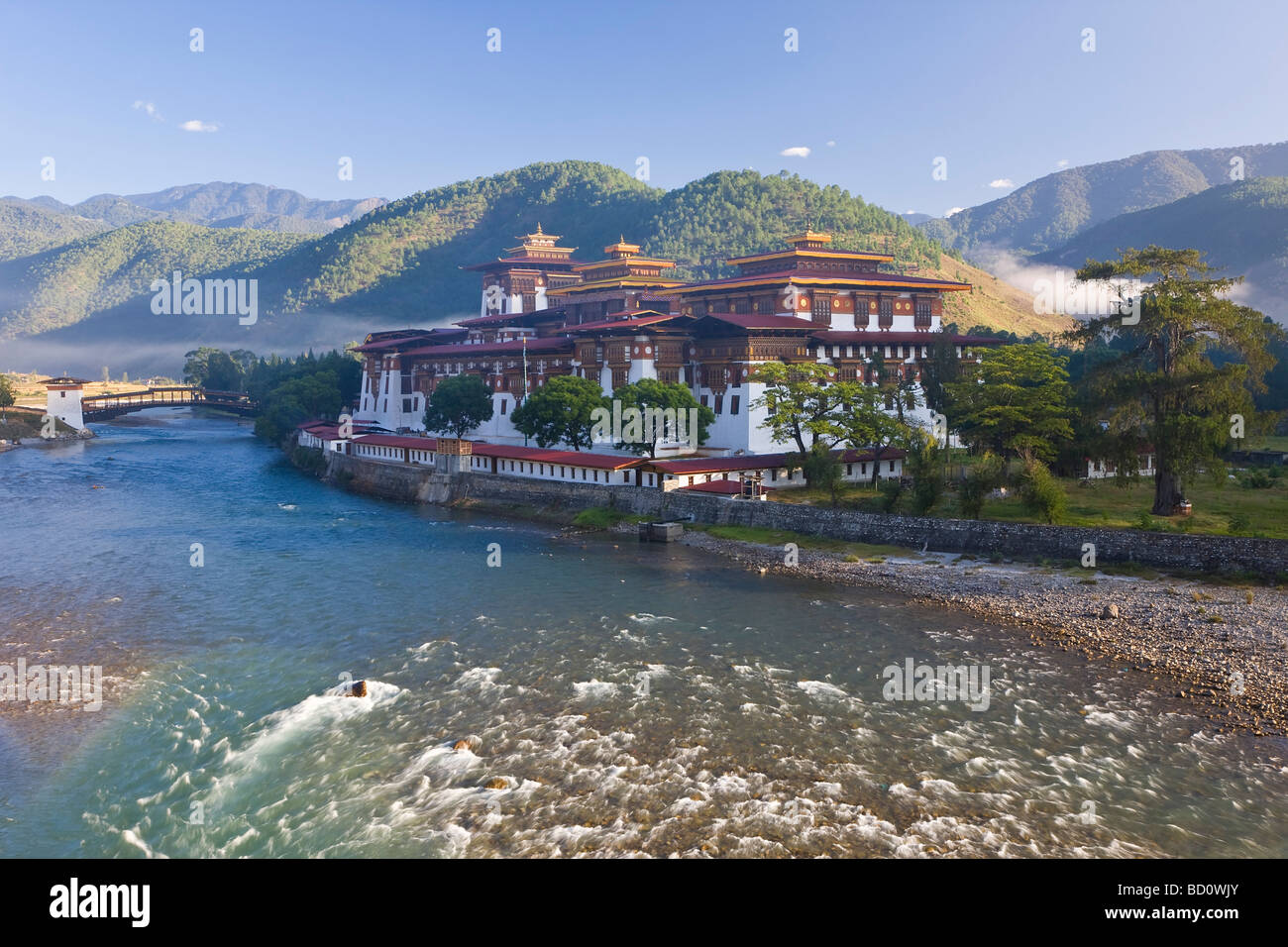 Punakha Dzong at the convergence of two rivers Mo Chhu and Pho Chhu Punakha Bhutan Stock Photo