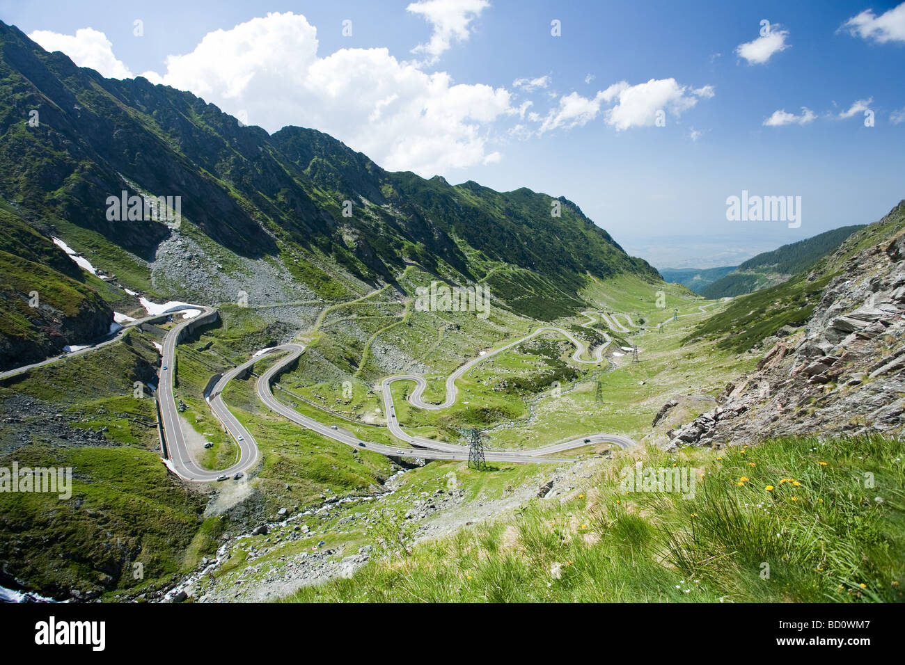 Landscape in Fagaras mountains in Romania with Transfagarasan road Stock Photo
