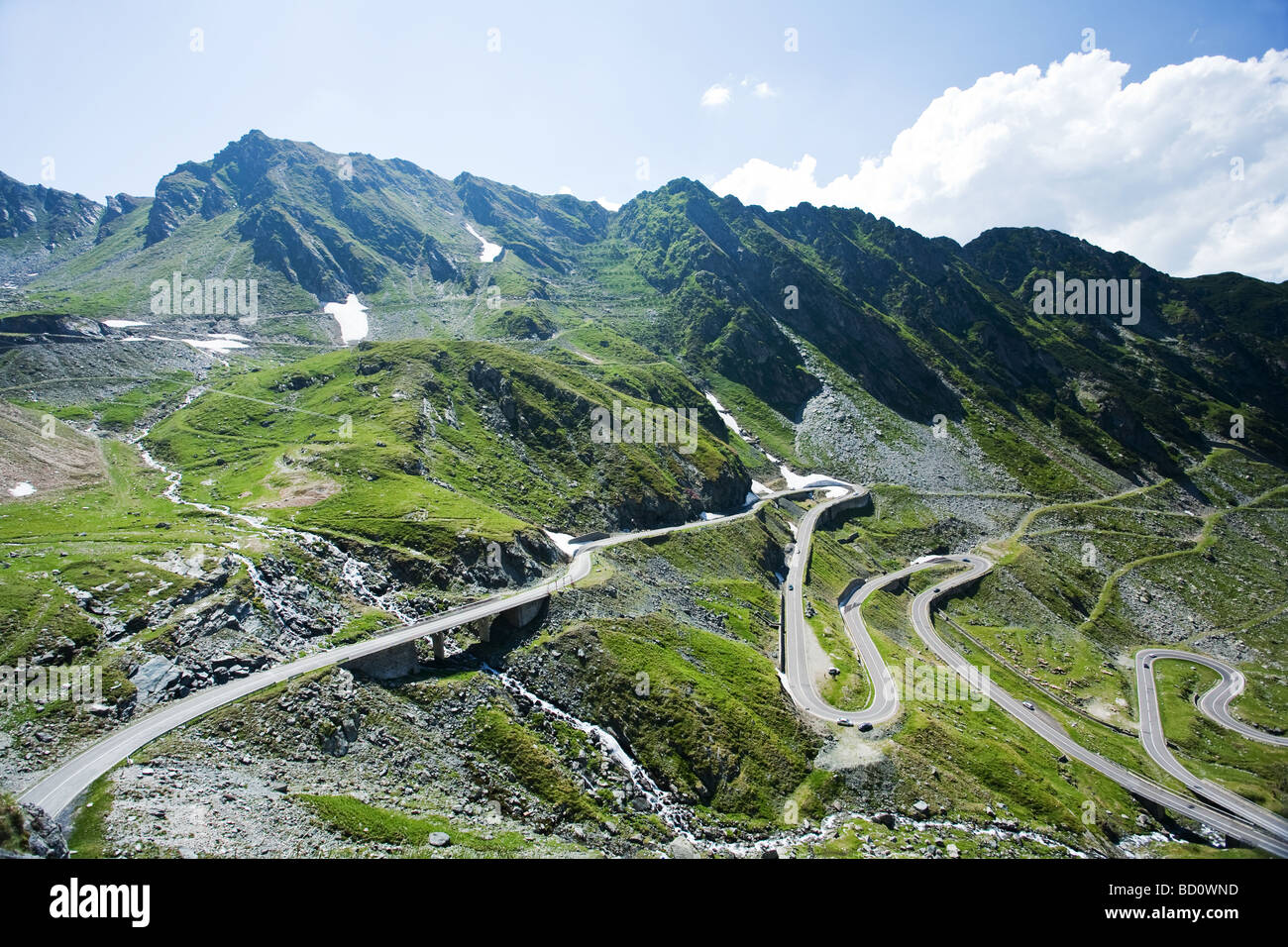 Landscape in Fagaras mountains in Romania with Transfagarasan road Stock Photo