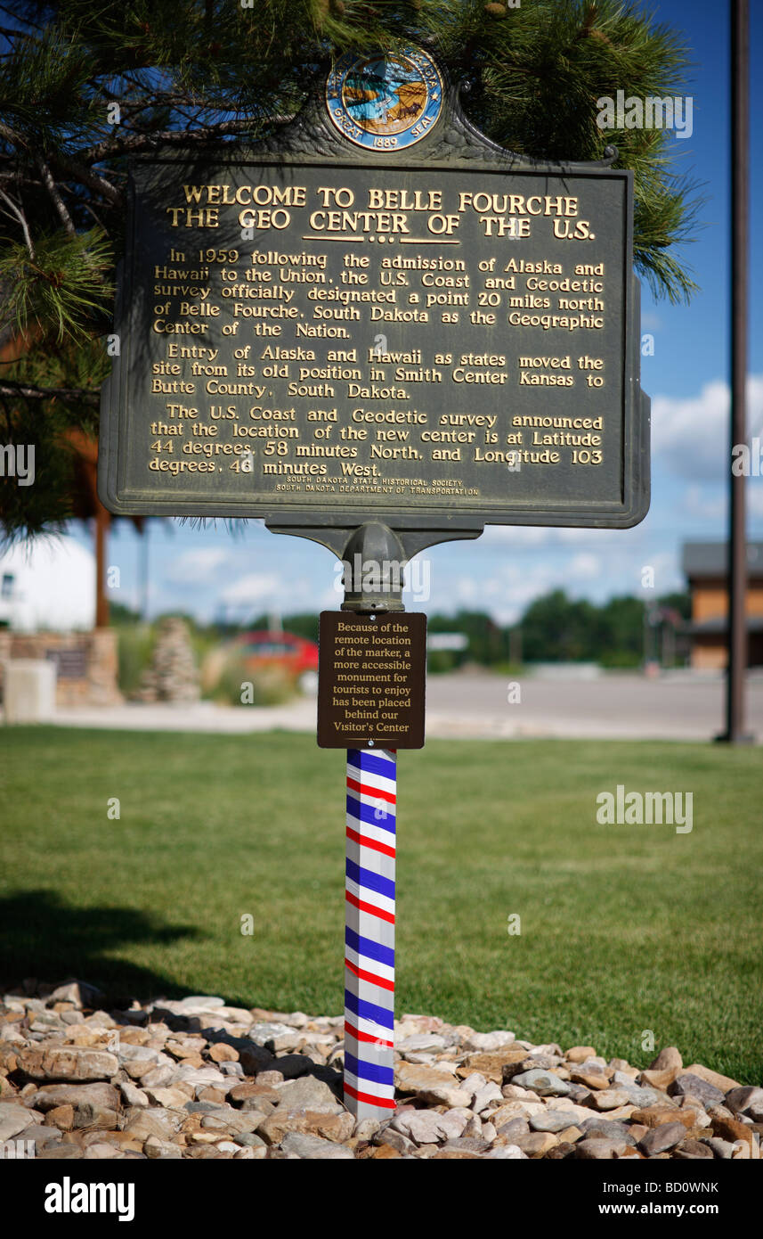 A sign in Belle Fourche, South Dakota marking it as the geographic center of the United States. Stock Photo