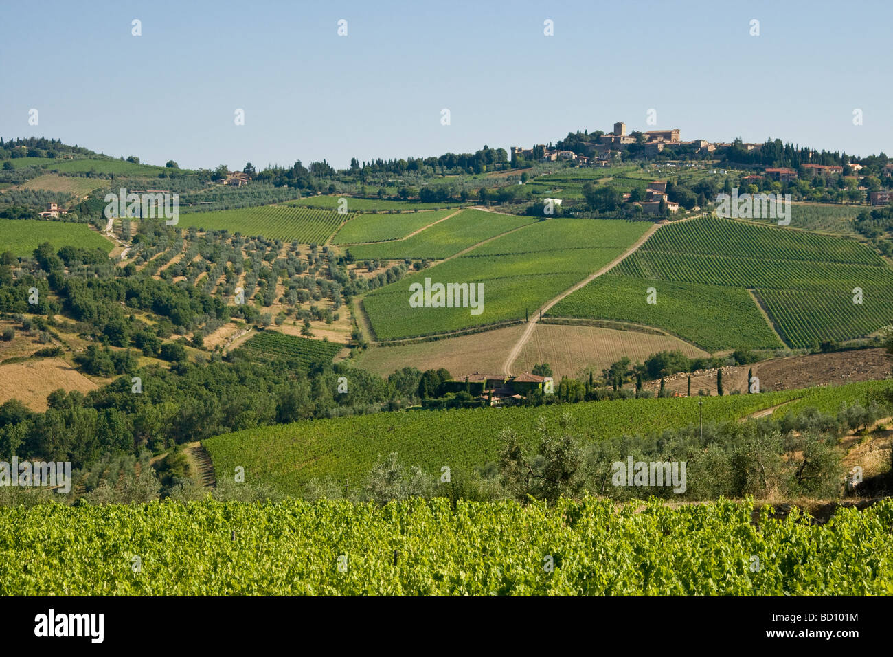 Landscape of village Panzano and surrounding vineyards in Tuscany Italy Stock Photo
