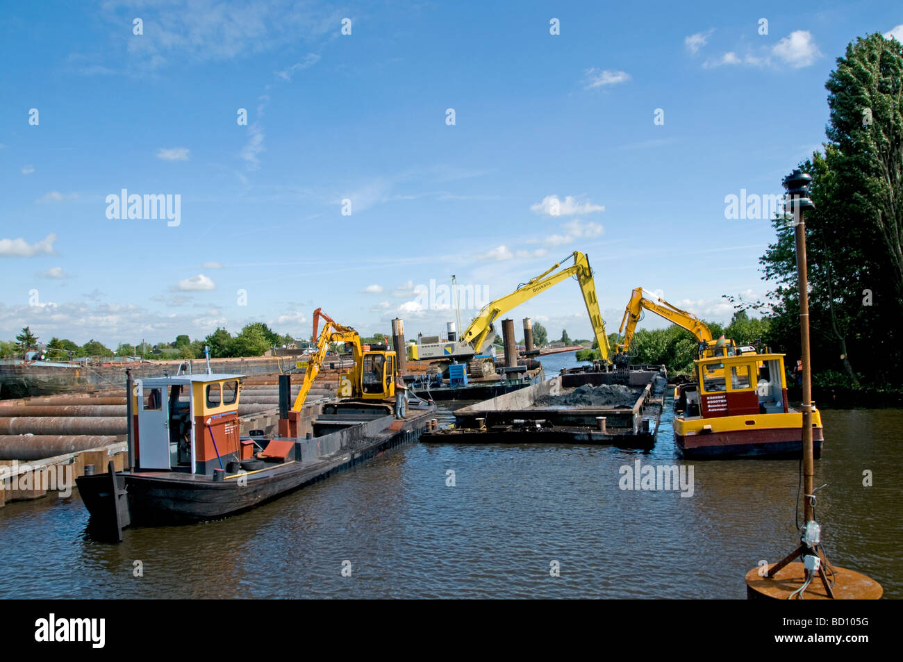 Repair Constuction Dike Ringvaart Netherlands Boat Haarlemermeer polder Stock Photo