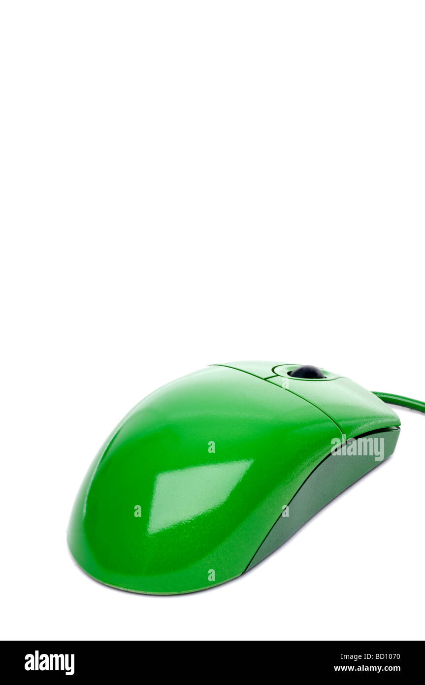 vertical close up of a green computer mouse on white with copy space Stock Photo