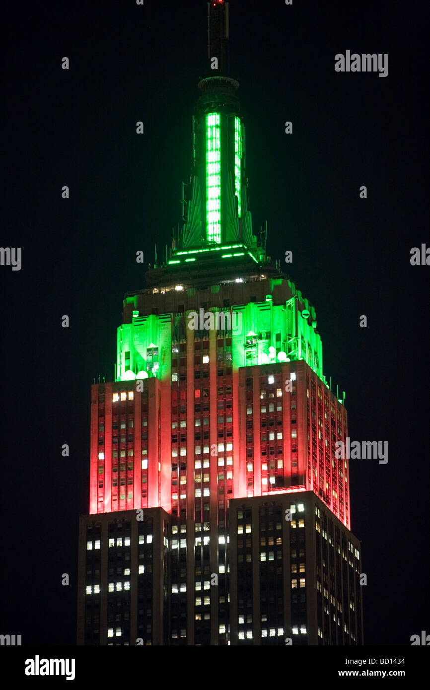 Christmas Lights on the Empire State Building in New York City New York at night. Stock Photo