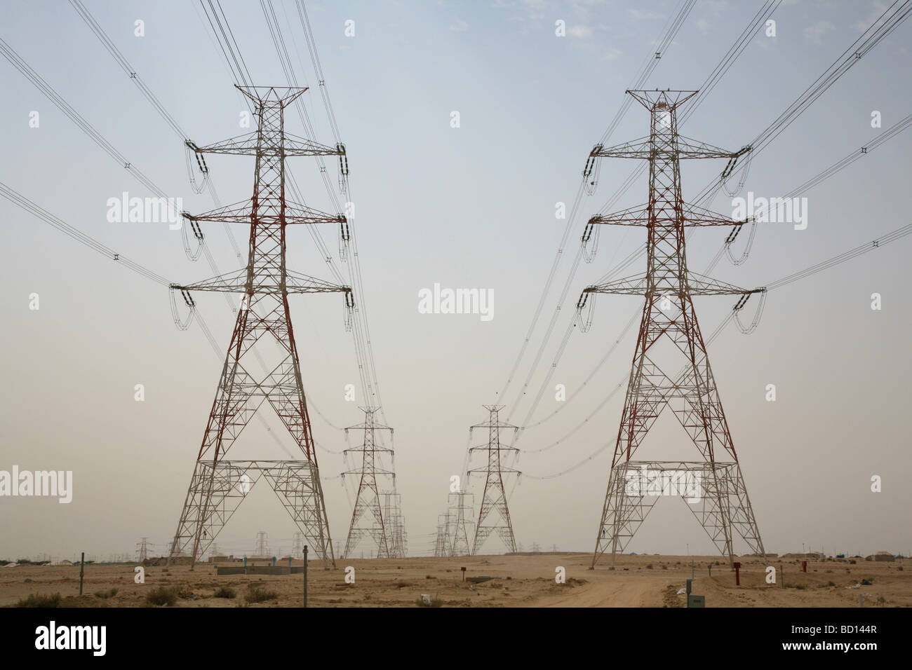 Power Transmission Lines Kuwait Desert Electricty Stock Photo