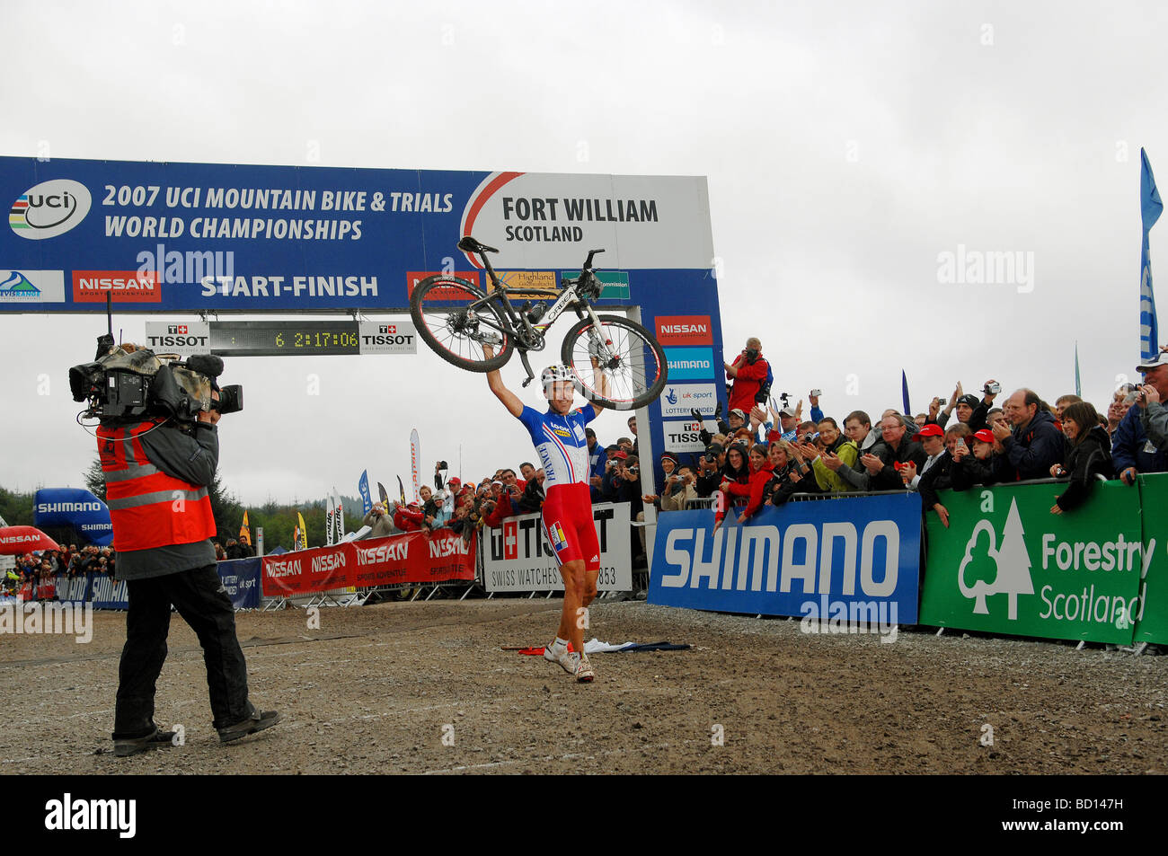 Julien Absalon of France celebrates winning the Cross Country Mountain Bike World Championships in Fort William, Scotland. Stock Photo