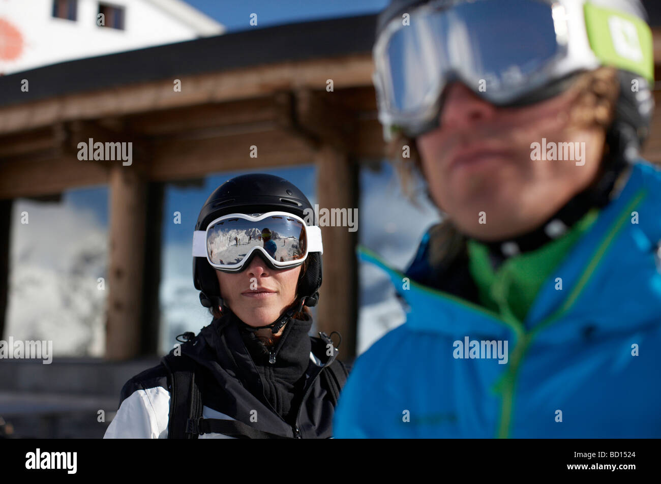 Snowboarder, skier, St. Moritz, Grisons, Switzerland, Europe Stock Photo