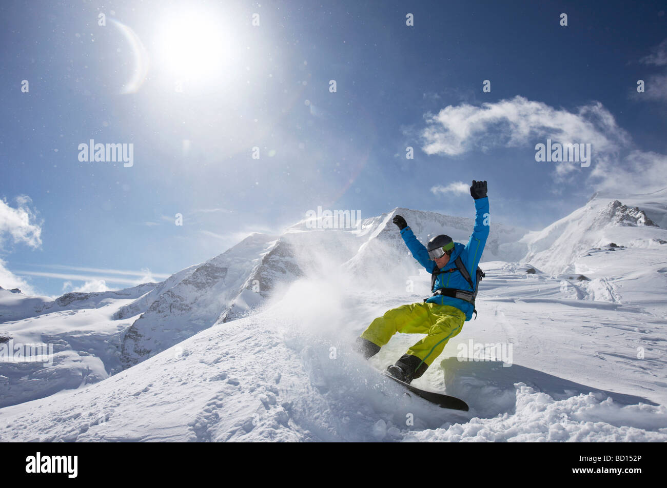Snowboarder, jump, mountain panorama, St. Moritz, Grisons, Switzerland, Europe Stock Photo