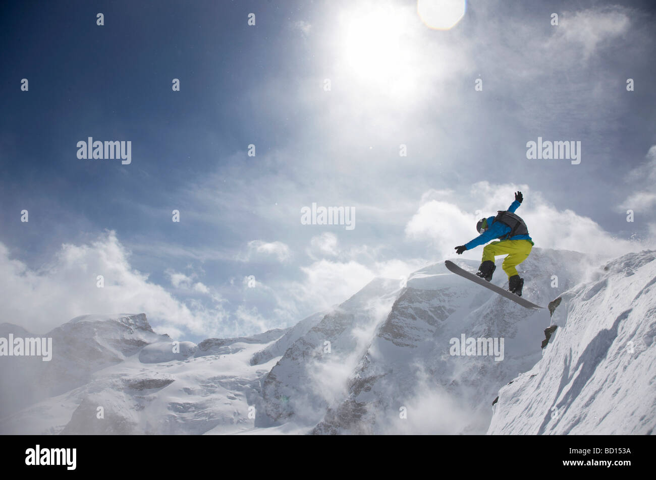 Snowboarder, jump, mountain panorama, St. Moritz, Grisons, Switzerland, Europe Stock Photo