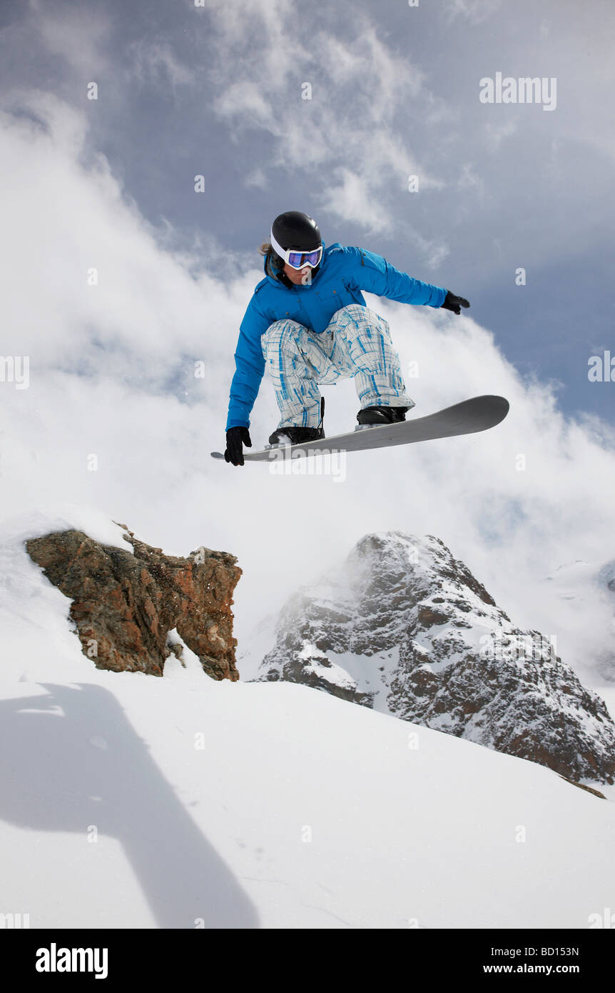 Snowboarder, jump, St. Moritz, Grisons, Switzerland, Europe Stock Photo