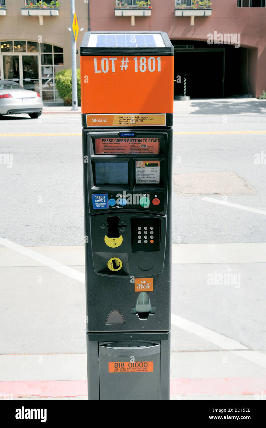 Solar powered  modern parking meter in San Francisco takes currency or debit card. Stock Photo