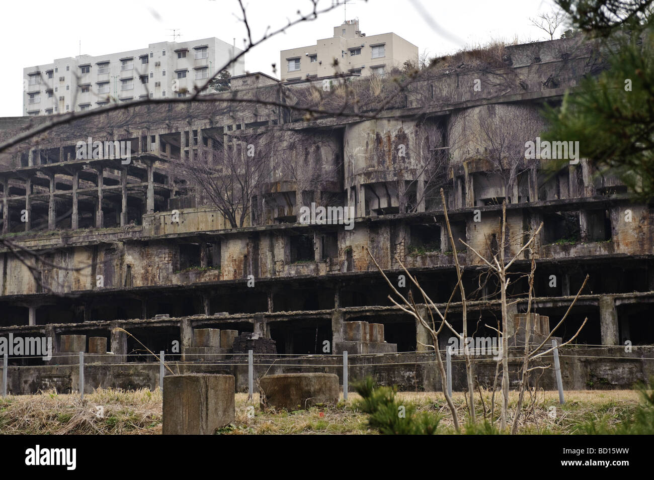 Disused buildings once belonging to Sado Kinzan gold mine, Sado island Niigata Japan, April 5 2009. Stock Photo