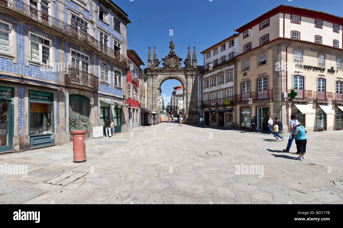 Arco da Porta Nova Gate in Braga, Portugal. A Baroque Monumental Arch built in the 18th century to be the main city gate. Stock Photo