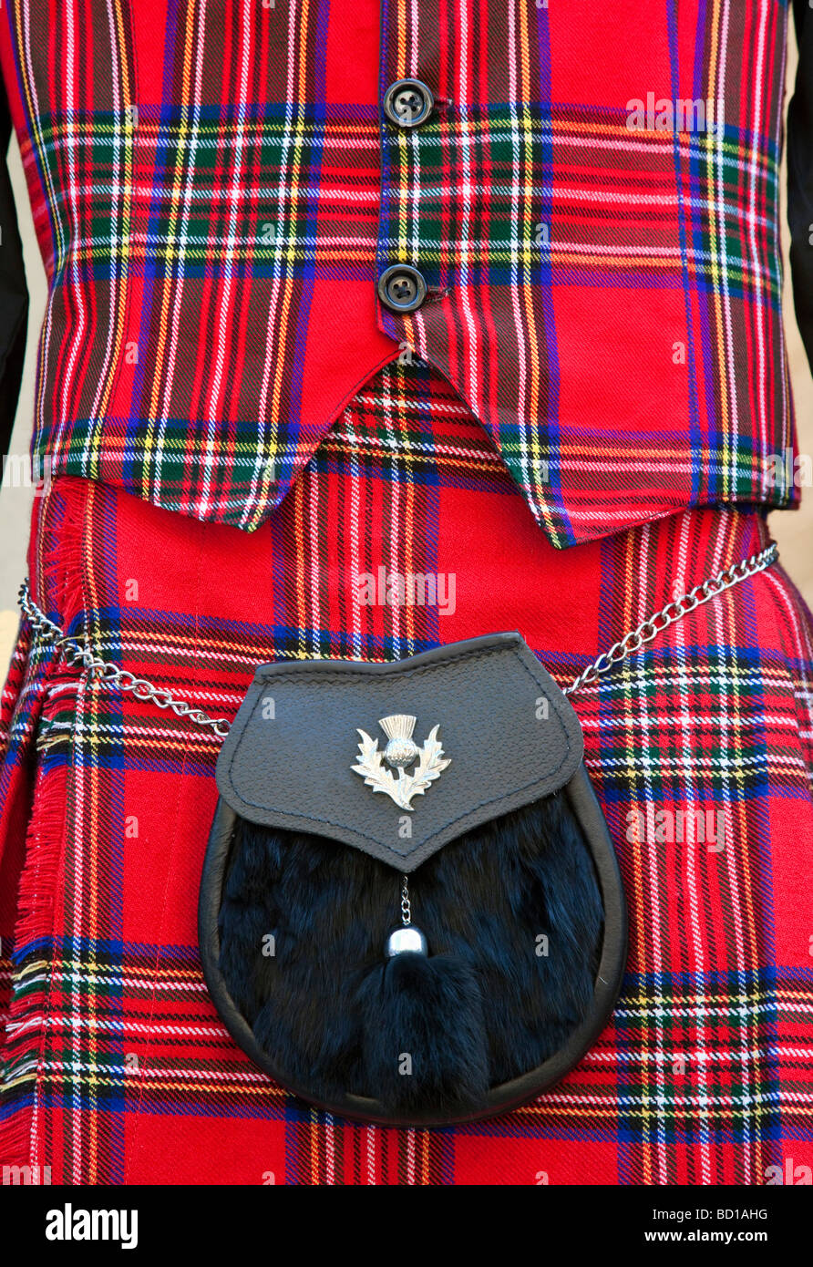 Close-up of a Scottish tartan Royal Stewart kilt and waistcoat with dress sporran Stock Photo