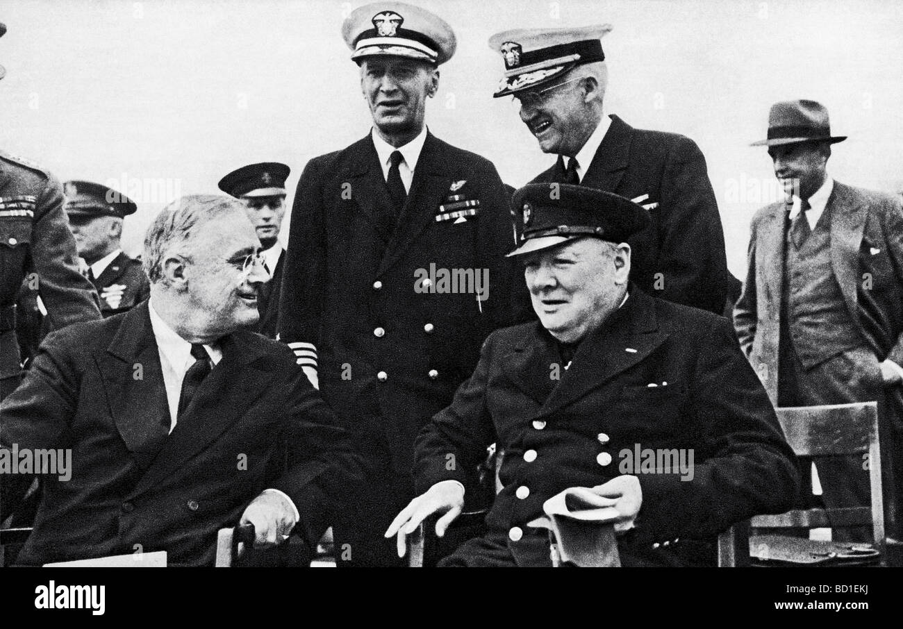 WINSTON CHURCHILL  with President  Roosevelt after signing of the Atlantic Charter aboard HMS Prince of Wales 14 August  1941 Stock Photo