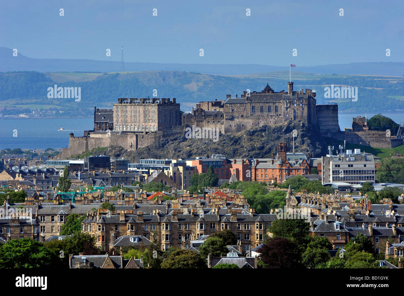 View of Edinburgh Castle and the Firth of Forth from Blackford Hill. Stock Photo