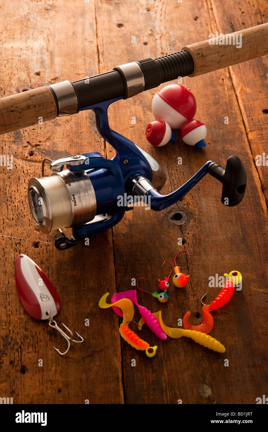 ROD AND REEL WITH FISHING LURES AND BOBBERS Stock Photo Alamy