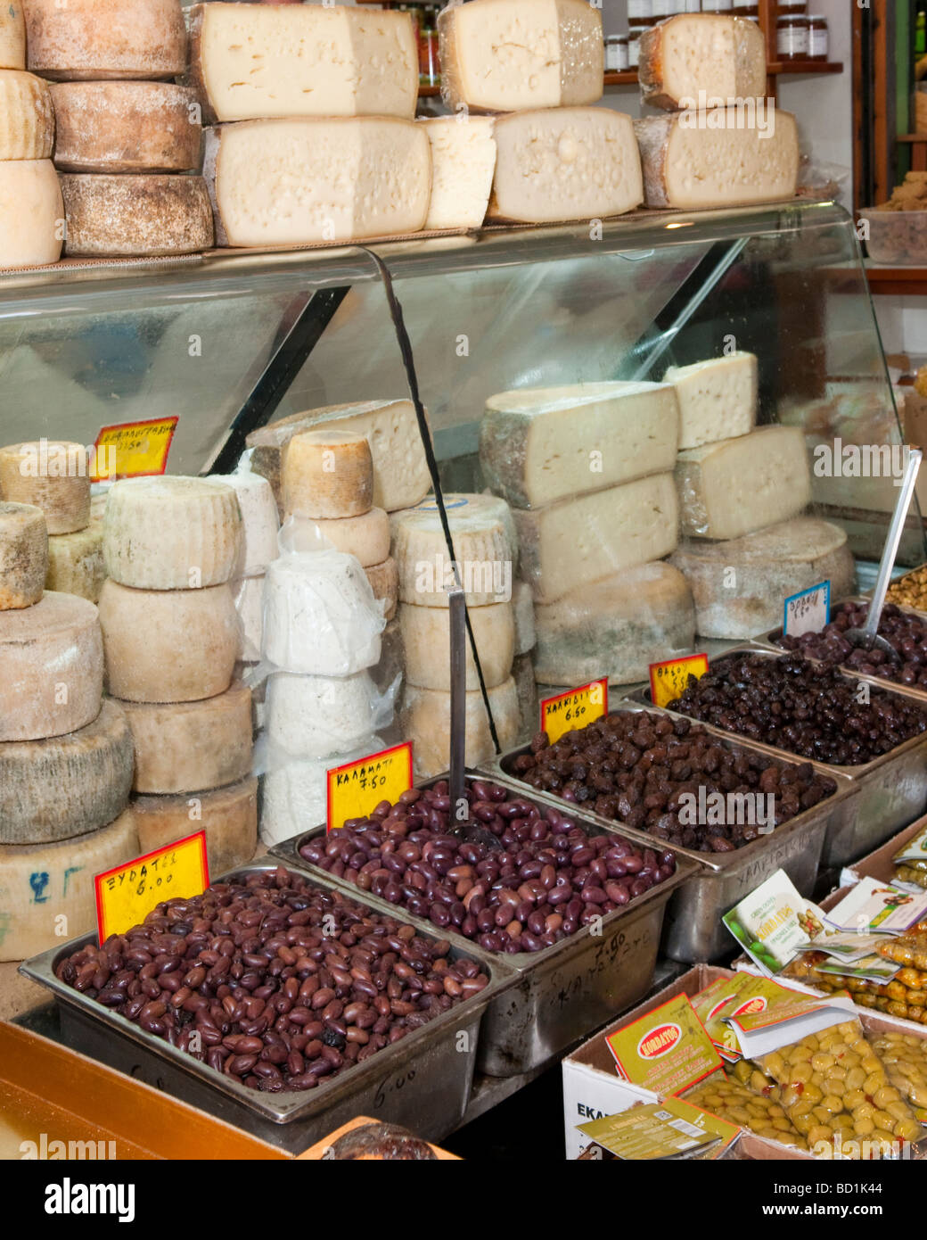 Fresh olives and cheeses for sale at the indoor market in Chania, Crete
