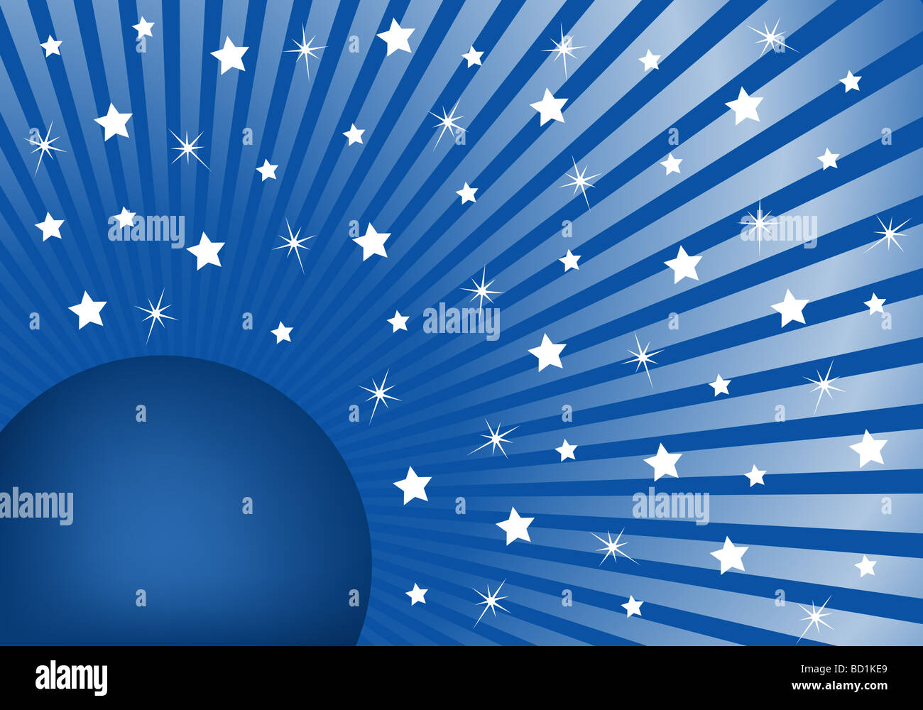 Blue sunburst background with various white stars giving a celebration feel to the design. Small space to add copy text Stock Photo