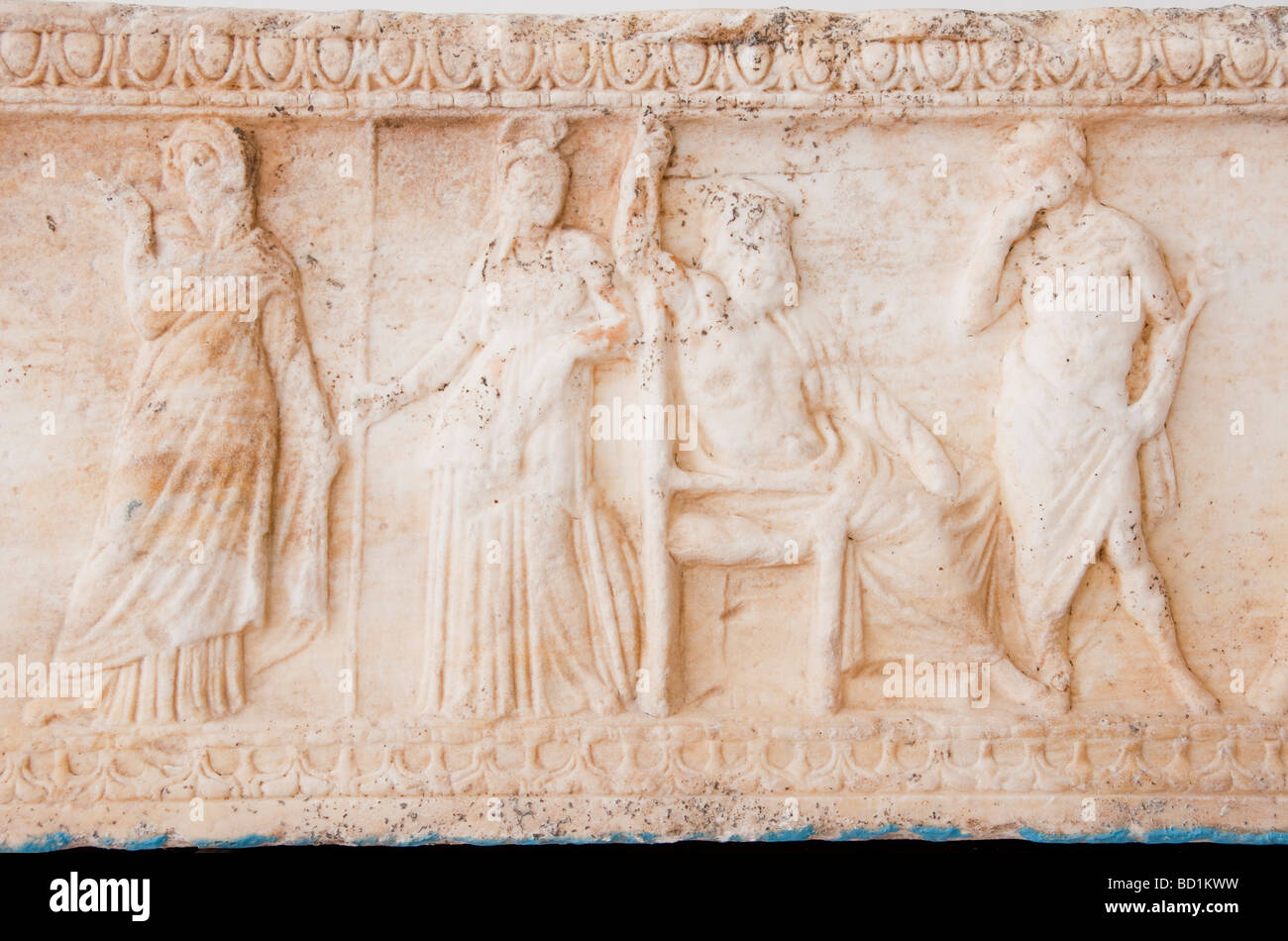Romania's Histria (Istros) Museum, Hellenistic marble frieze with Greek deities Aphrodite, Athens, Zeus, and Hermes Stock Photo
