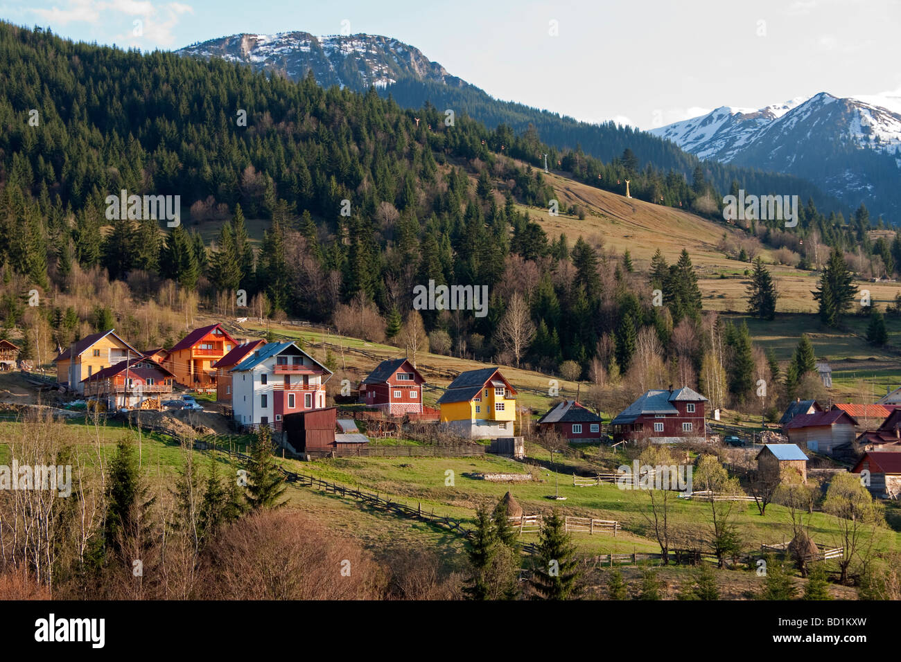 Romanian countryside houses in spring near ski resort in Maramures County of northern
