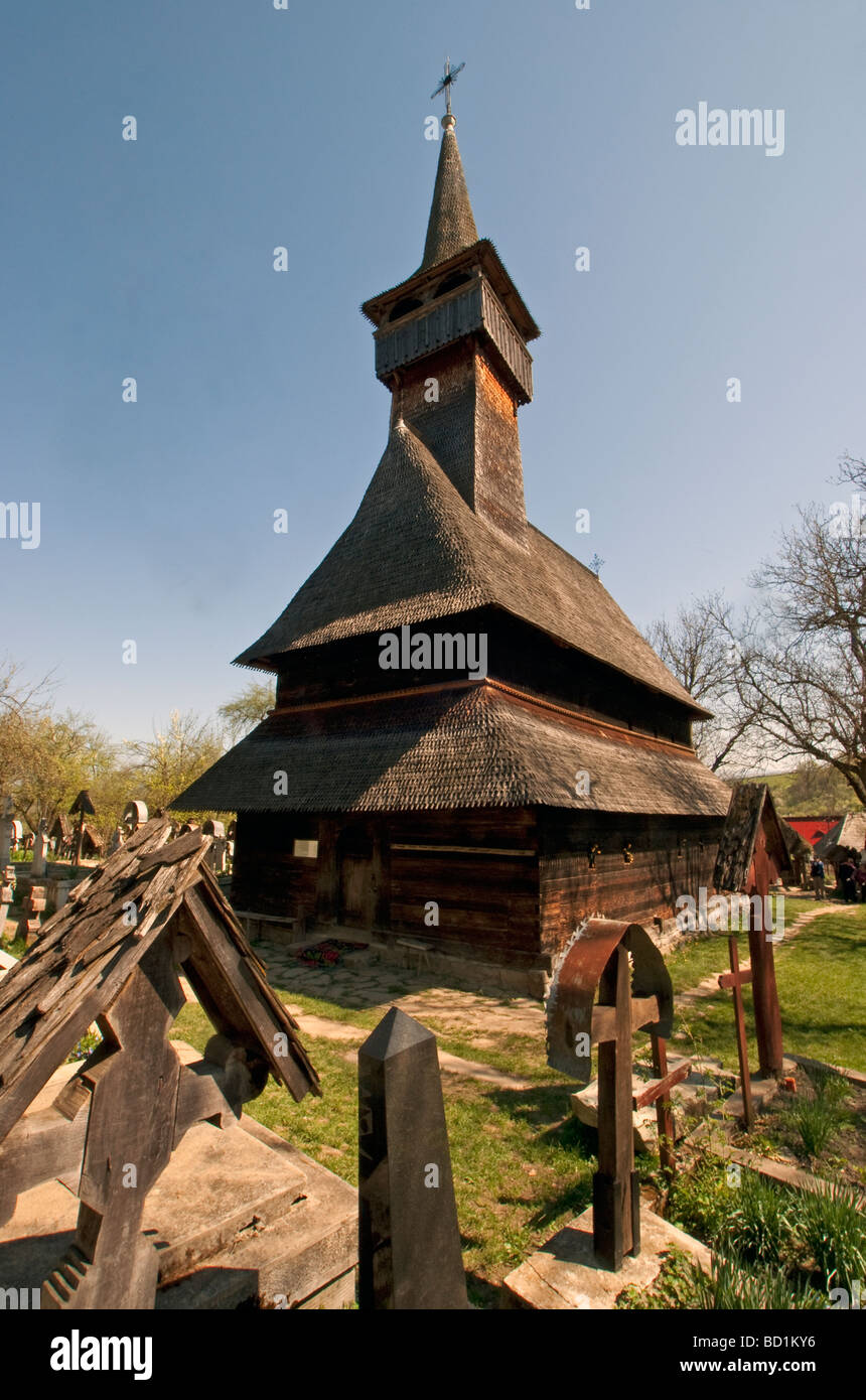 Wooden 14th century Greco Catholic Church (Church on the Hill)  in Ieud, Maramures County, of northern Transylvania Stock Photo